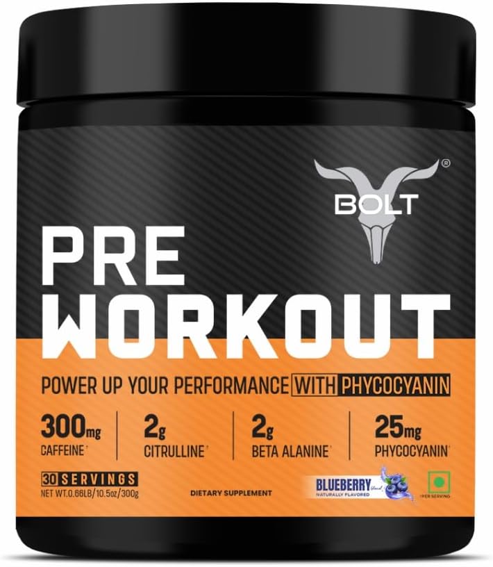 Bolt Pre Workout Supplement with Caffeine, Citrulline Malate, B-Alanine, Taurine | Explosive Energy, Pump & Focus |300g,30 Servisler | Blue Berry