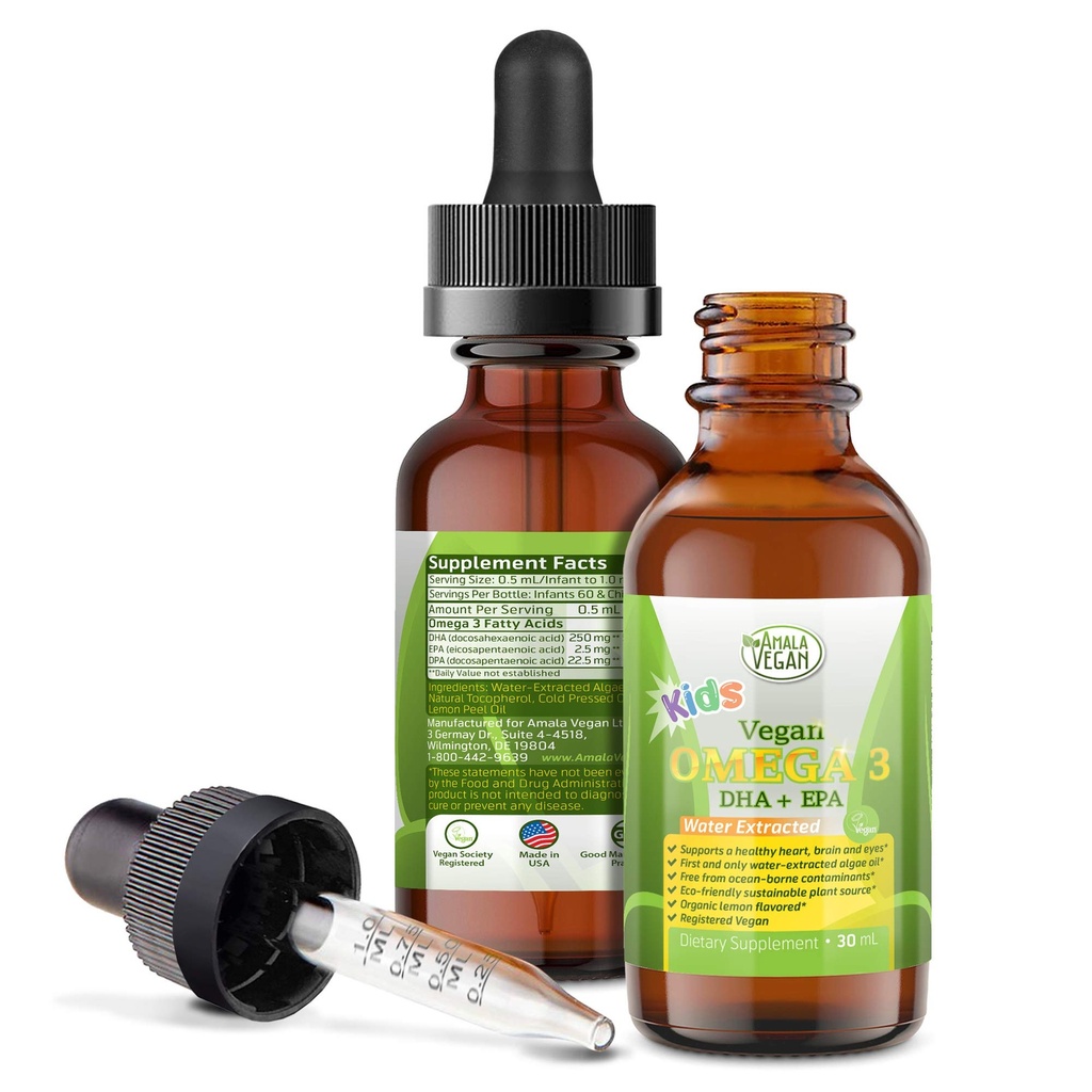 Çocuklar için Omega 3 - Organik Limon, Vegan, Sıvı Supplement - Çocuklar DHA, EPA, DPA Fatty Asits - Bitki bazlı Algae Petrol - Immune, Kalp, Çocuk Sağlığı 30-60 Dos