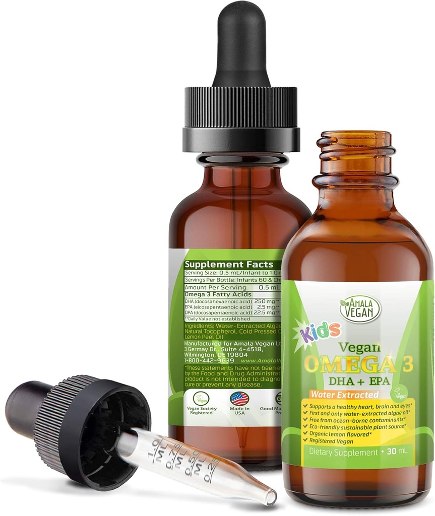 Çocuklar için Omega 3 - Organik Limon, Vegan, Sıvı Supplement - Çocuklar DHA, EPA, DPA Fatty Asits - Bitki bazlı Algae Petrol - Immune, Kalp, Çocuk Sağlığı 30-60 Dos