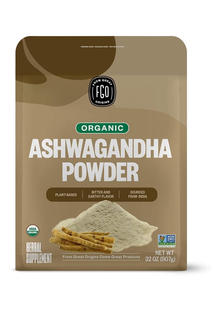 FGO Organik Ashwagandha Root Toz, 32oz Resealable Bulk Bag, Non-GMO, Hint BTC, Withania Somnifera, Hindistan'dan Kaynaklanan (Pazar 1)