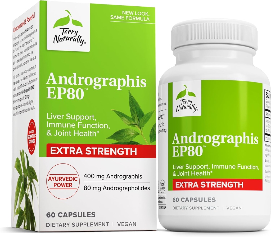 Terry Natural Andrographis EP80 Ekstra Kuvvet - Beyin Sağlığı ve Immune Desteği - Enerji ve Canlı Destek için Ortak Sağlık Supplement - Vegan Adaptogen Supplement - 60 Capsules