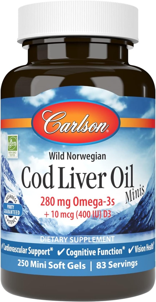 Carlson - Cod Liver Oil Minis, 280 mg Omega-3s + Vitamins A & D3, Kalp Desteği ve Bilişsel Fonksiyonl, Vizyon Sağlık, 250 Mini Yumuşak Gels