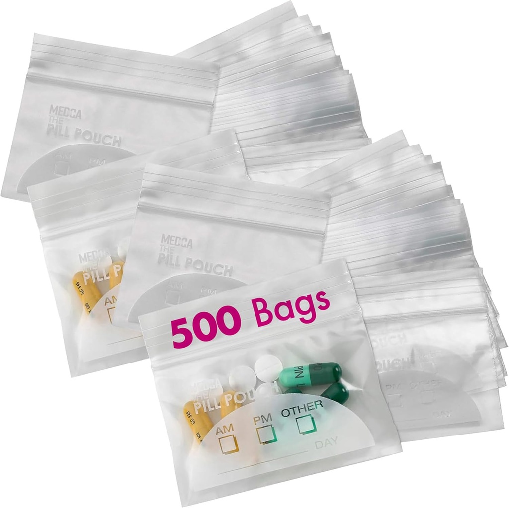 Pill Pouch Bags - (Pack of 500) 3" x 2.75" - BPA Free, Poly Bag Disposable Zipper Pills Baggies, Daily AM PM Travel Medicine Organizer Storage Pouches, Best Clear Reusable with Write-on Labels