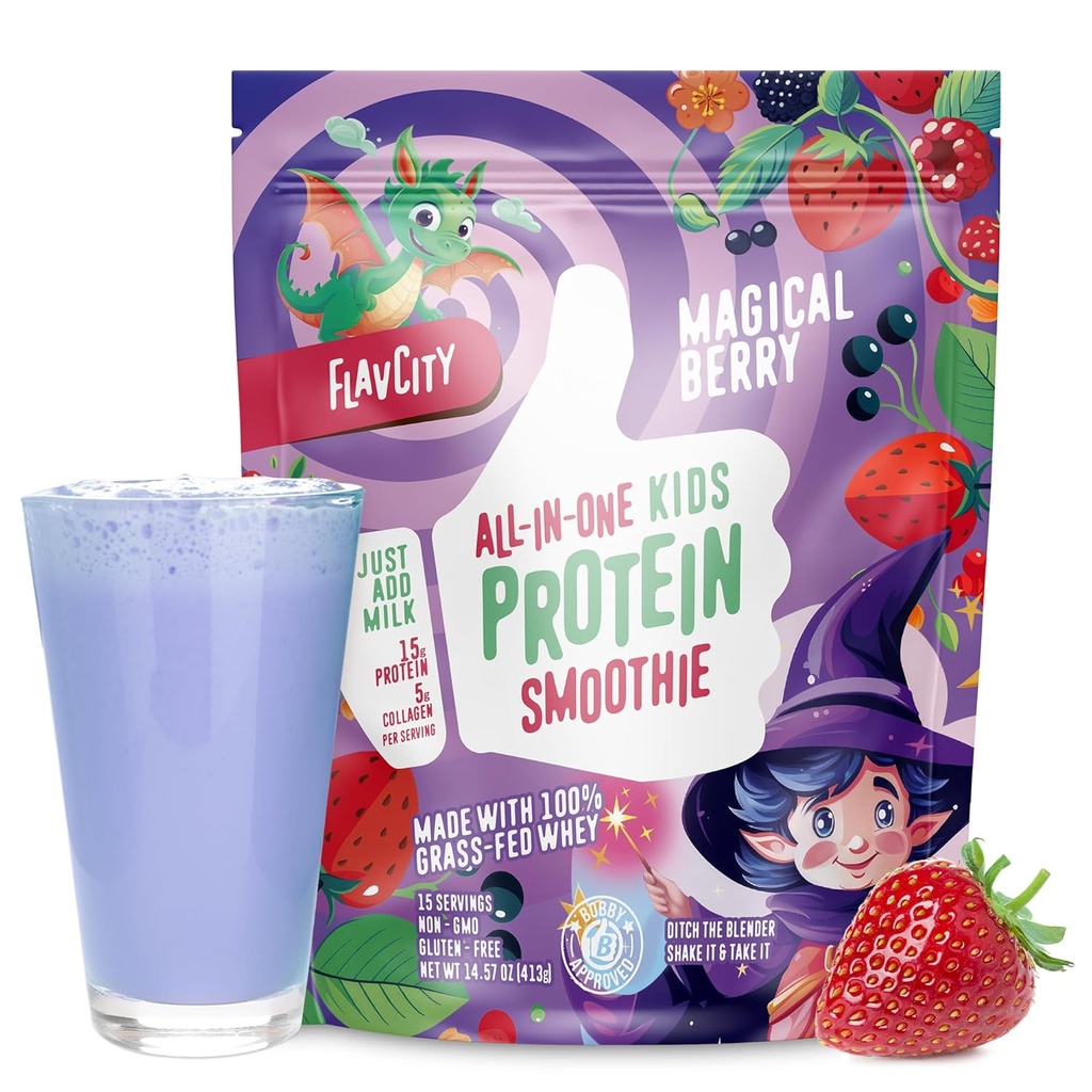 FlavCity All-in-One protein Smoothie for Kids (Magical Berry) - Grass-Fed & Undenatured Whey Protein Tozu 15g Protein & 5g Collagen - Gluten-Free & Non-GMO - 15 Hizmet