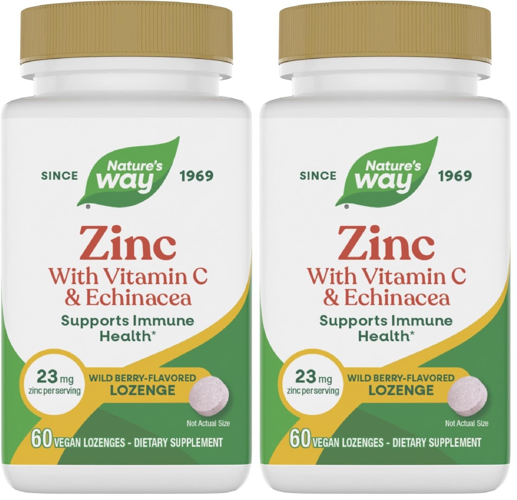 Nature's Way Çinko Lozenges with Vitamin C & Echinacea, Immune Support*, Wild Berry Flavored, 60 Lozenges (Pack of 2)