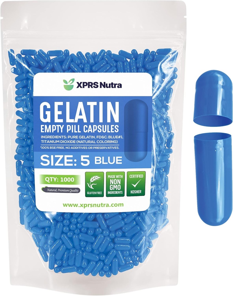 XPRS Nutra Μέγεθος 5 Κενές κάψουλες - 1000 κόμης Πολύ μικρές κενές κάψουλες ζελατίνης - Χάπια DIY Καψάκιο πλήρωσης - πληρώσιμα καπάκια τζελ χάπια για Do-it-Yourself συμπληρώματα βιταμίνης (μπλε)