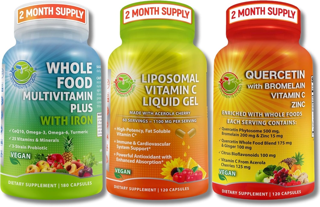Immune, Energy & Complete Multi-System Support Trio - Liposomal Vitamin C 1100mg Υγρό Gel + Quercetin με Bromelain, Zinc & Vitamin C + Καθημερινή Πολυβιταμίνη με Σιδήρο – Μη ΓΤΟ, Καθαρή Ετικέτα