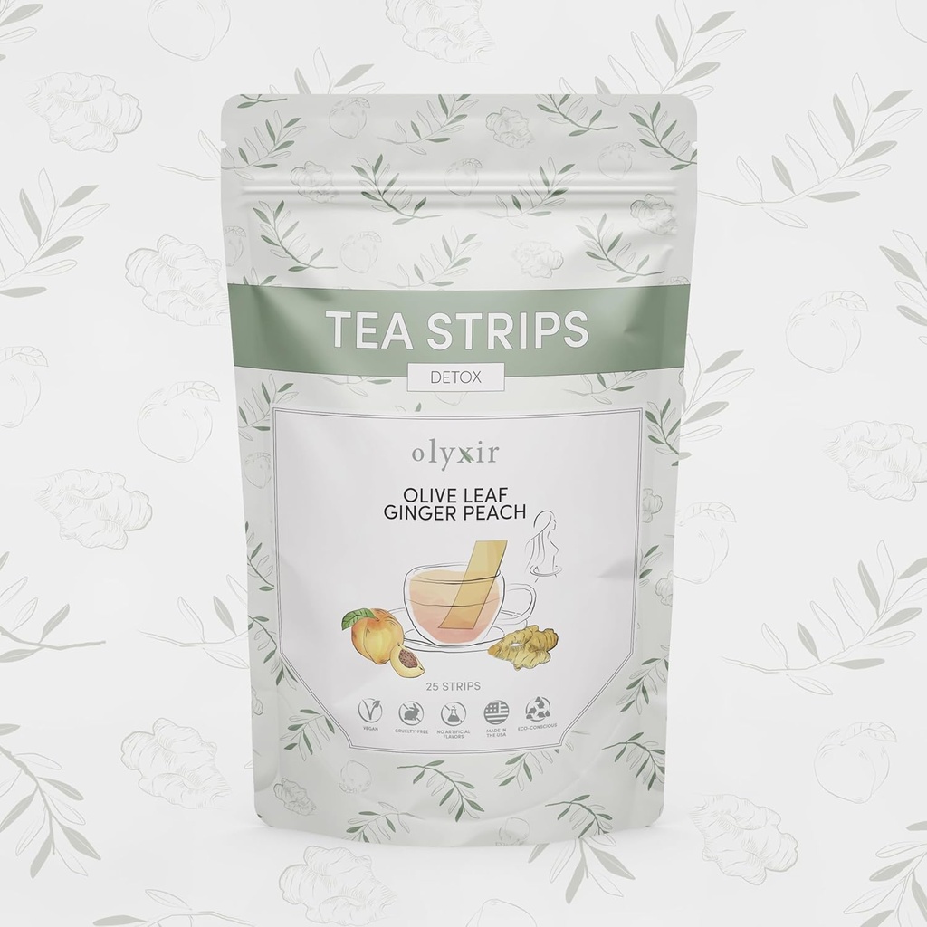 Olyxir Detox Tea Strips - Natural Olive Leaf, Ginger, & Peach Flavors - Anında, Enerjilendirme, Organik, Paleo, Vegan, Non-GMO | 25 Ctt