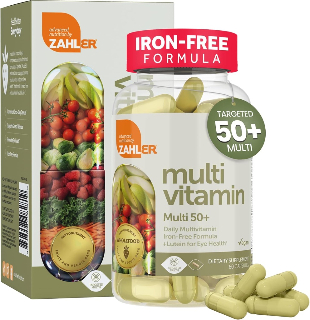 Zahler Multivitamin 50+, Iron-Free Formula + Lutein for Eye Health, 60 Capsules.