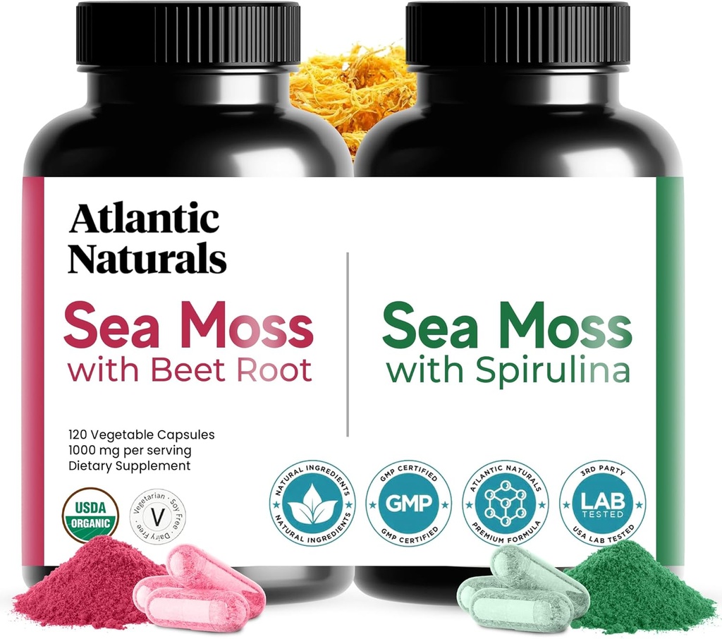 Atlantic Naturals Sea Moss Superfood Sche - Sea Moss with Beet Root & Spirulina Capsules - Savunma Desteği, Kan Akışı, Ortak Sağlık ve Demir - 240 Capsules (2 x 120 ct)