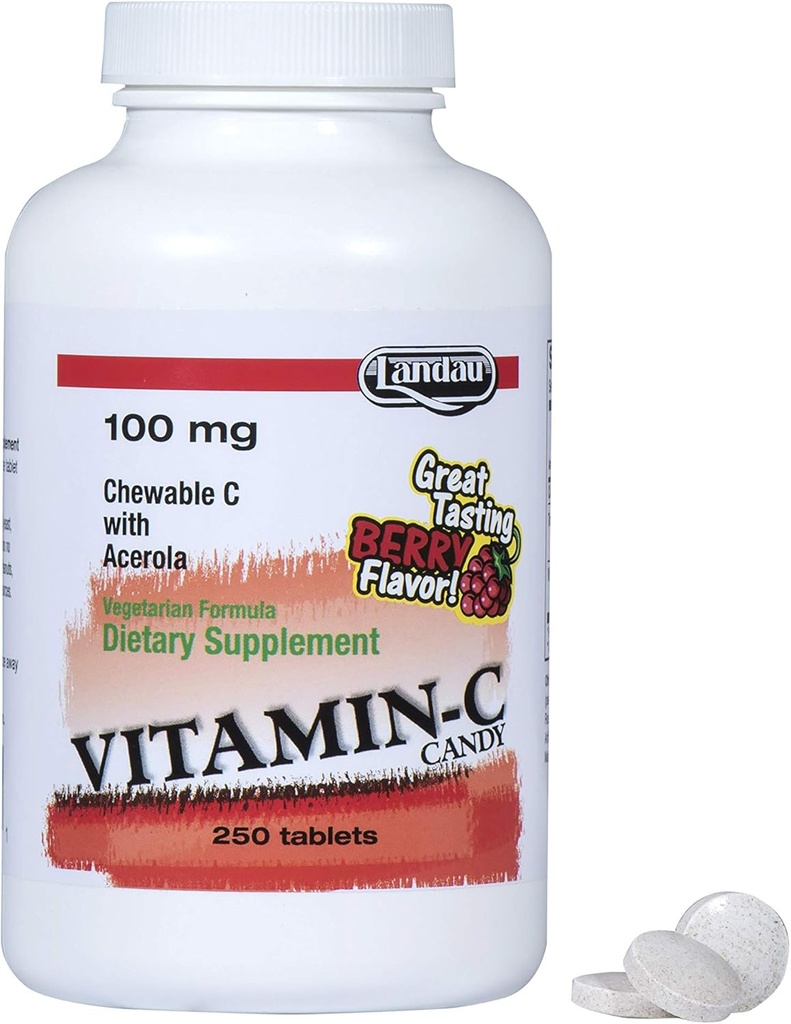 Landau 100mg Chewable Vitamin C Candy for Kids & Yetişkinler – Easy-to- Take Vitamin C Supplement with Acerola – Kosher & Made in the USA – Great Tasting Berry Flavor, 250 Tablet