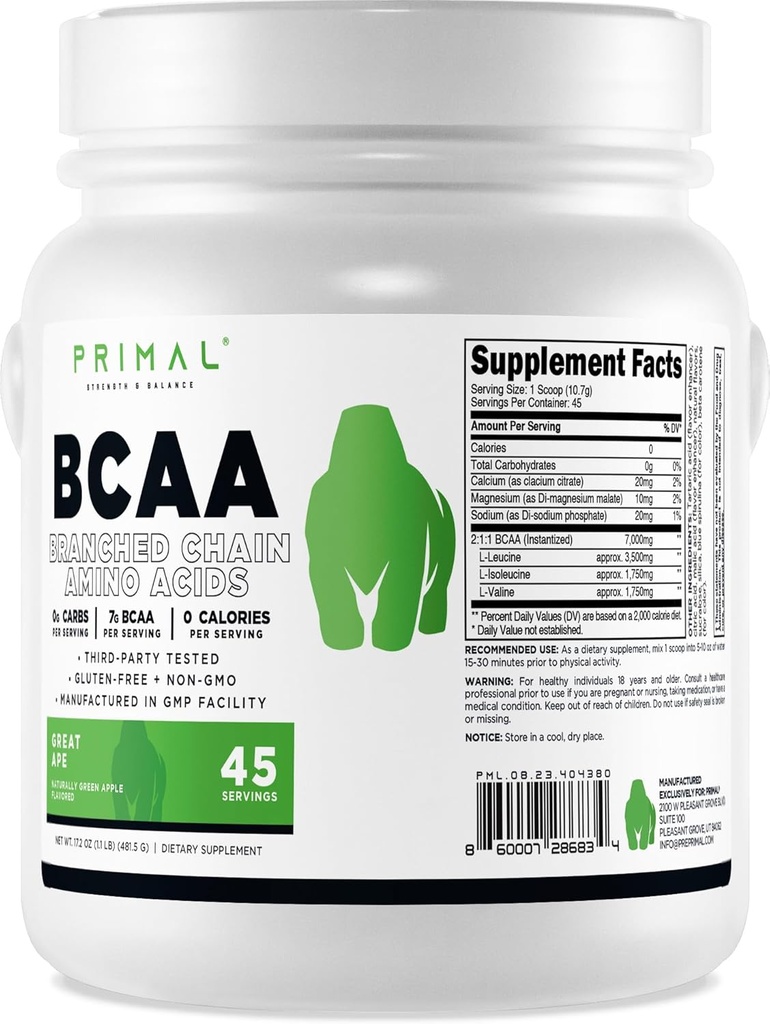 Primal BCAA Toz Great Ape (45 SERV) (Green Apple Flavored) - 0 g Carbs, 0 Calories, 7g BCAA Per