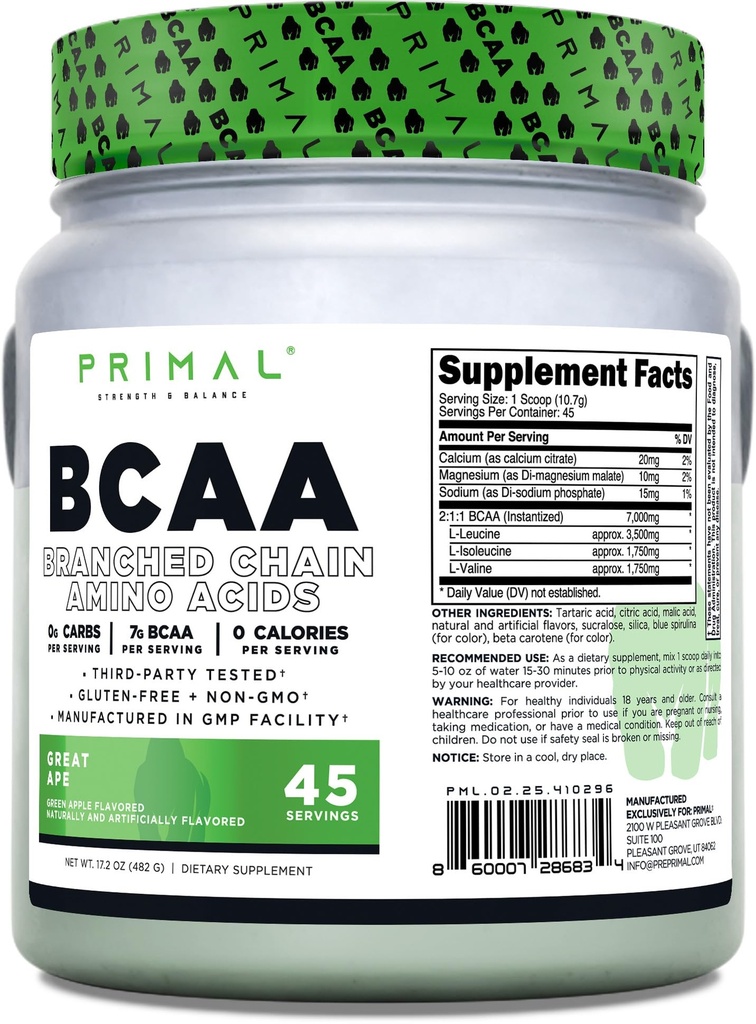 Primal BCAA Toz Great Ape (45 SERV) (Green Apple Flavored) - 0 g Carbs, 0 Calories, 7g BCAA Per