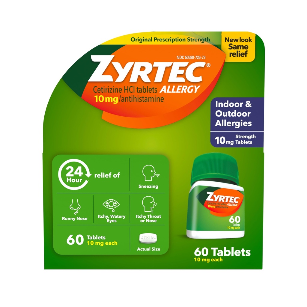 Zyrtec 24 Saat Antihistamin Tablet Için 10 mg Cetirizine HCl ile Kapalı ve Açık Alerjiler Tıp, 60 sayı.