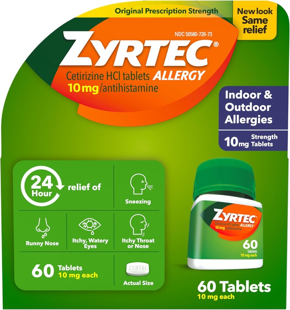 Zyrtec 24 Saat Antihistamin Tablet Için 10 mg Cetirizine HCl ile Kapalı ve Açık Alerjiler Tıp, 60 sayı.