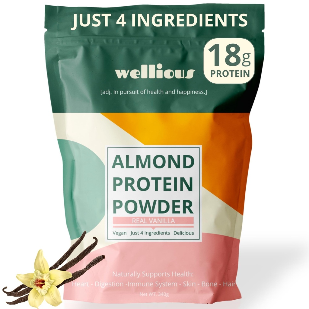 wellious Almond Protein Powder (Vanilla) - 18 γραμμάρια καθαρής υγιέστερης πρωτεΐνης Vegan για γυναίκες & άνδρες - τέλεια χωρίς γλουτένη, χωρίς σόγια και λεία σκόνη φιλικής πρωτεΐνης για σπορ διατροφή