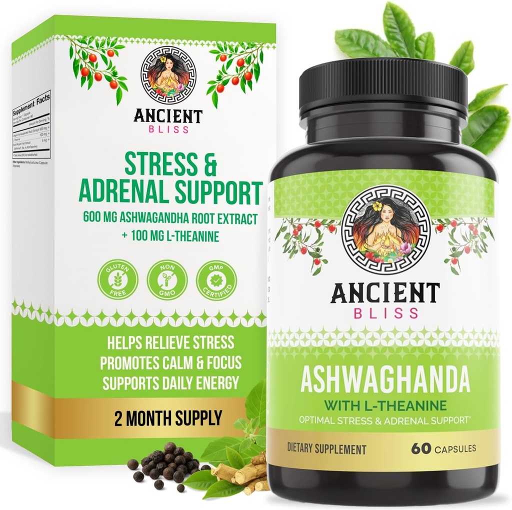 Ancient Bliss Ashwagandha with L-Theanine & Black Pepper Extract Capsules, Energy & Natural Mood Support Supplement, Focus Supplement for Adults