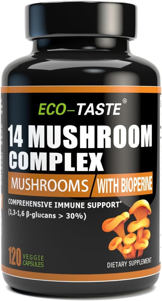 14 Mushrooms Supplement 120 Capsules - Immune System Alert & Nootropic Brain Supplement - Lion's Mane, Reishi, Maitake, Türkiye Tail, Chaga Kompleksi – Black Pepper for Abxia, %30 Beta-Glucan