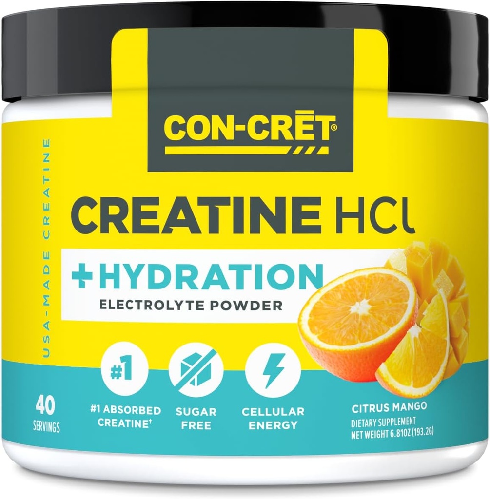 CON-CRET Tinatine HCl + Hydration | Elektrolyte Toz Tub | Citrus Mango | Sugar Free Electrolytes | Rehidr Formül w Pyum, sodyum, çinko, Magnezyum to Hydrate & Recover (40 serv)
