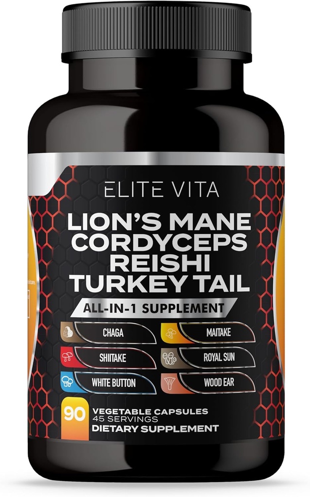 Nootropic Mushroom Supplement - Lions Mane, Cordyceps, Reishi, Chaga Blend for Enhanced Focus, Memory, Cognitive Support, Brain Vitamin and Focus Supplement, 90 Vegan Capsules