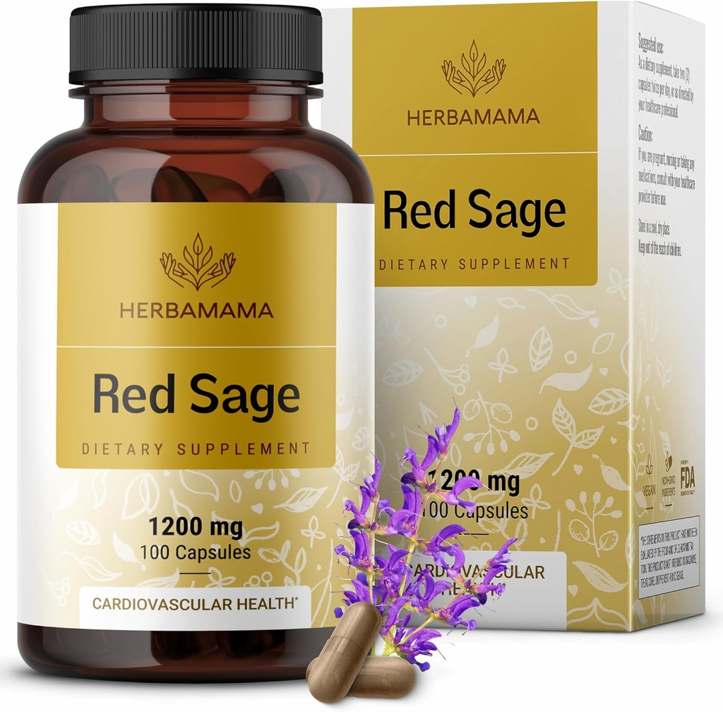 HERBAMAMA Red Sage Supplement Capsules - 1200 mg Red Sage Root (Dan Shen) Antioksi Desteği için - Vegan, Non-GMO Salvia Miltiorrhiza Supplement