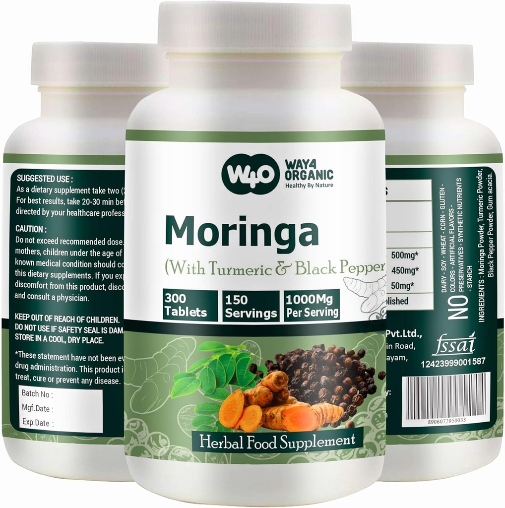 Moringa Tablets με Turmeric και Black Pepper, 300 Χάπια, 5 Μήνες Προμήθεια, 150 Serving, 1000 Mg ανά Υπηρεσία. Μία κάψουλα με πολλαπλά οφέλη - Υποστηρίζει Digestive Health (πακέτο του 1)
