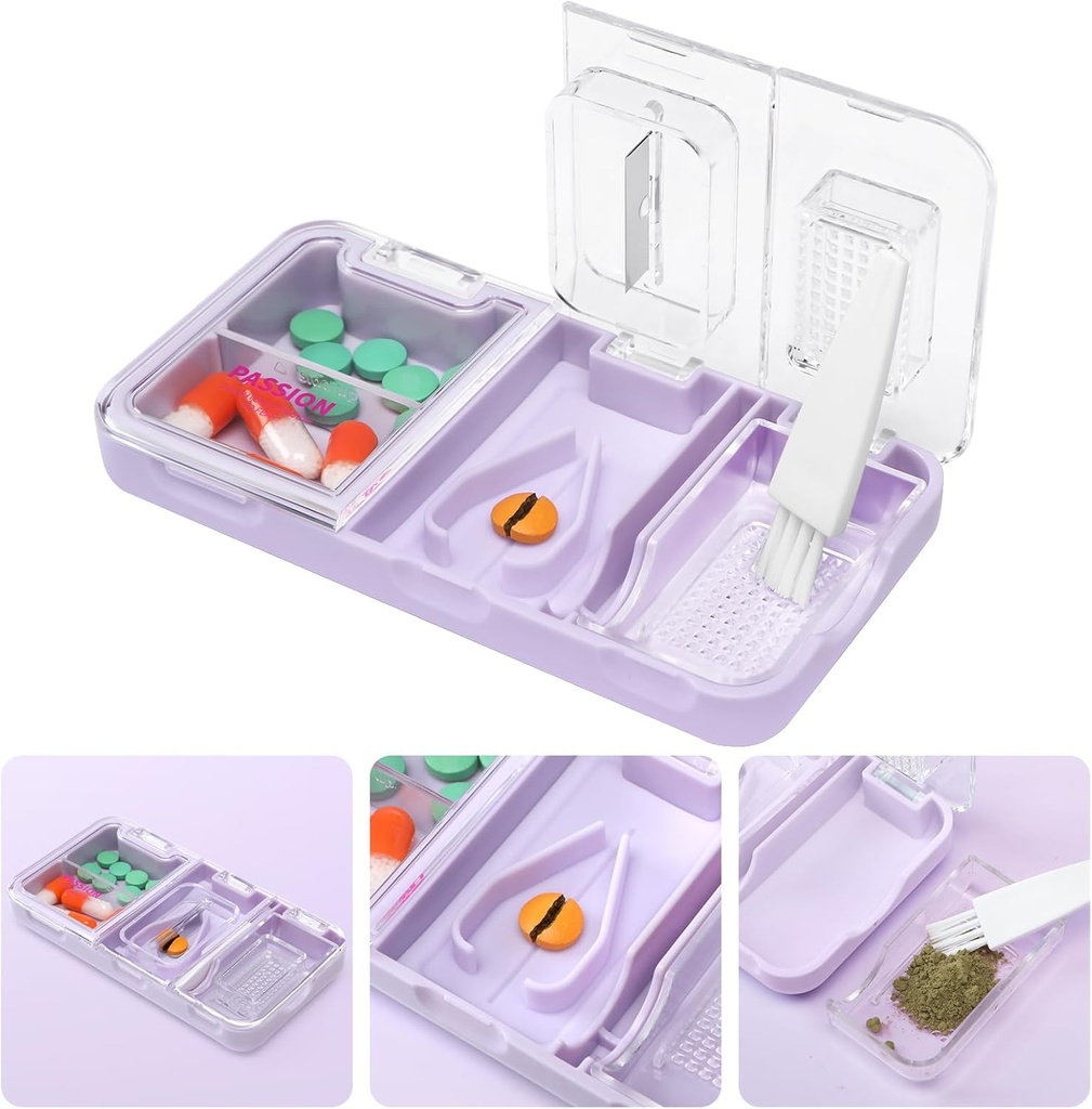 Toplive Portable 3-in-1 Pill Cutter and Pill Grinder and Pill Holder, Accurate Easy Cutting, Medication Crusher for Small Large Pills, Vitamin Tablets Splitter for Elderly Kids Pets, Purple