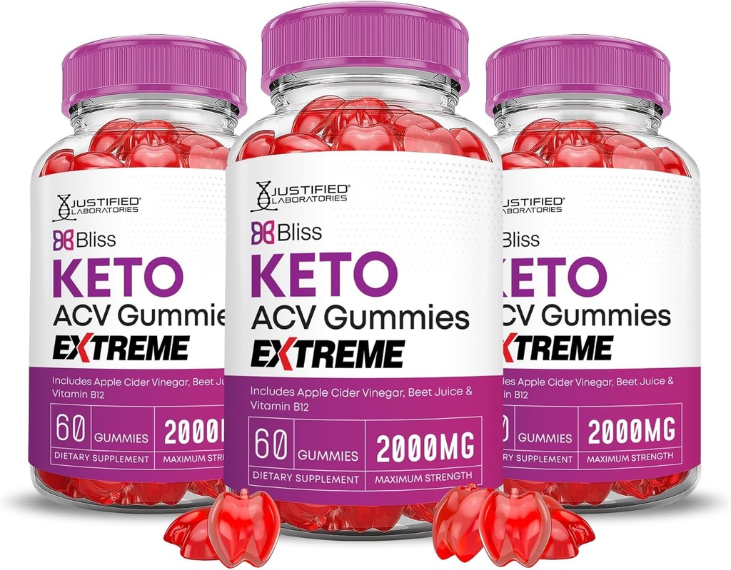 Justified Laboratories (3 Pack Bliss Keto ACV Gummies Extreme 2000MG Bliss Keto Gummies Apple Cider Vinegar Formulated with Pomegranate Beet Juice B12 Vegan Non GMO 180 Gummys