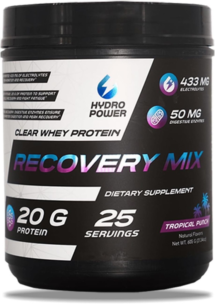 Hidro Güç Clear Whey Protein Recovery Mix - Tropikal Punch Flavor - 433 mg Electrolytes & 20g Protein - Yakıt Performansı ve Kurtarma - Erkekler ve Kadınlar için Diyetsel Tamam - 25 Hizmet