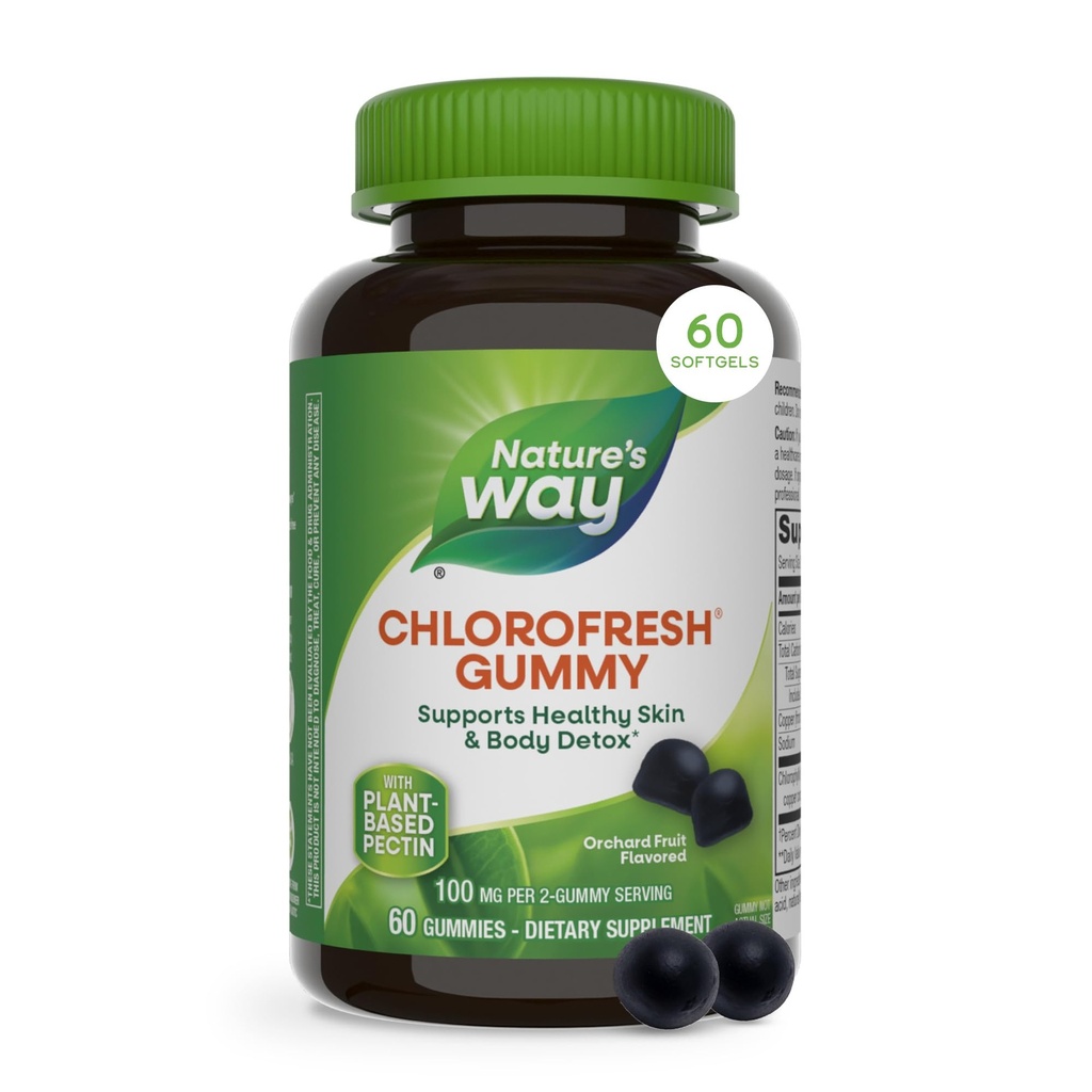 Nature's Way Chlorofresh Chlorophyll Gummies, Sağlıklı Cilt ve Vücut Detox*, Internal Deodorant*, Orchard Fruit Flavored, 60 Gummies