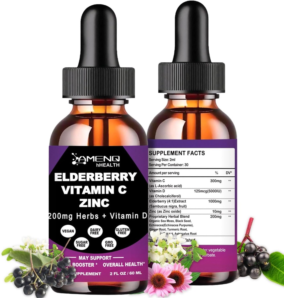 Organik Yaşlılar Syrup, Yetişkinler için Sıvı Drops Elderberry C ve çinko, 11-in-1 Sambucus Black Elderberry Tincture w / Vitamin D3, Sea Moss Black Seed, Elder Immune Support Supplement
