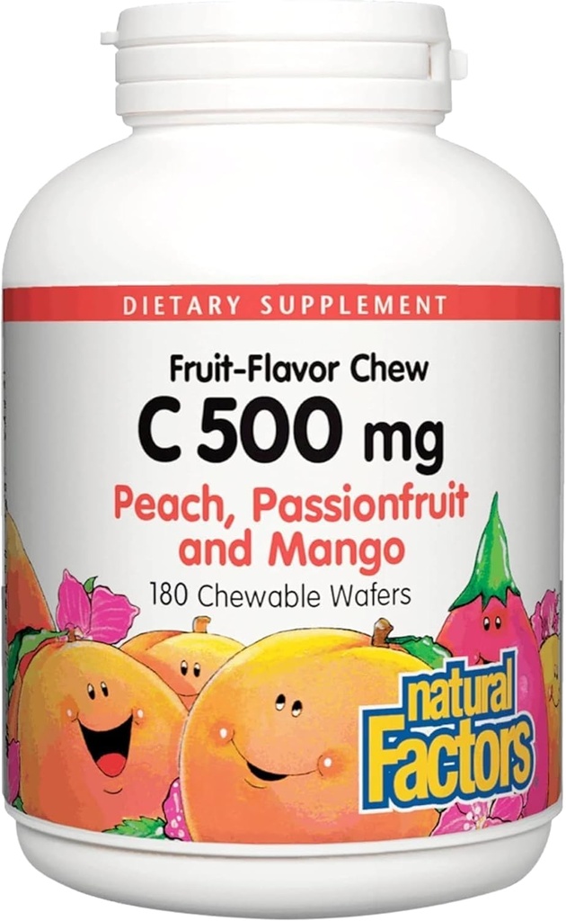 Doğal Faktörler, Çocuklar C 500 mg Vitamini, Immune Health, Bones, Dişler ve Gums, Peach, Tutkulu ve Mango, 180 Wafers