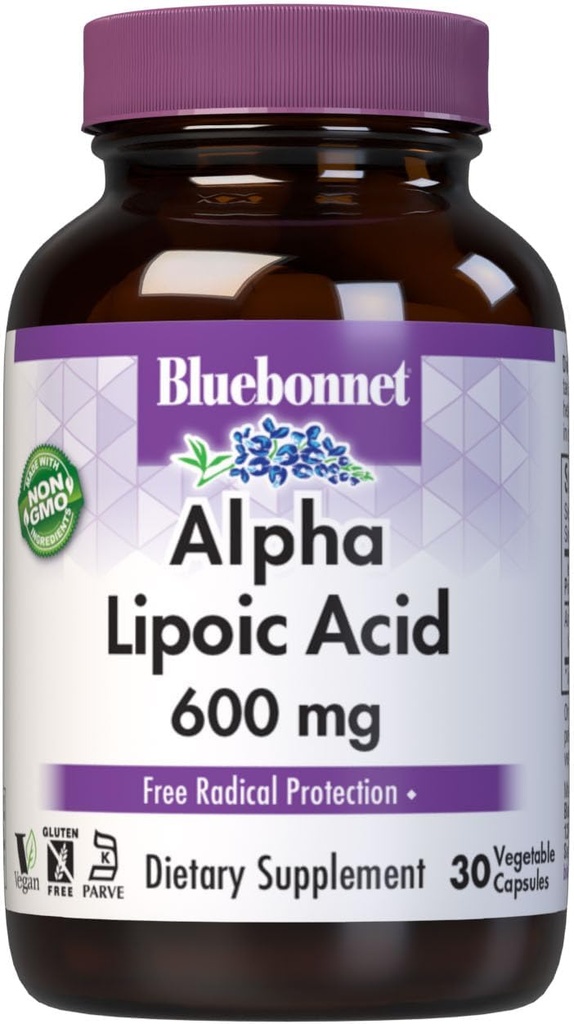 BlueBonnet Alpha Lipoic Acid 600mg - Powerful Antioxidant Nerve Support Supplement for Women & Men - Non-GMO, Vegan, Kosher - Gluten-Free, Soy-Free, Dairy-Free - 60 Vegetable Capsules