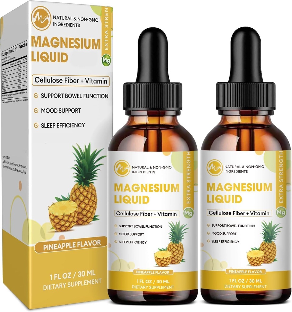 M inç Glycinate Liquid, High Abxia Magnezyum Sıvı Hücre Fiber, Bromelain, Vitamin B6, C, D, çinko, Çocuklar ve Yetişkinler için Magnezyum Tamam, Pineapple Flavor, 2 Pack