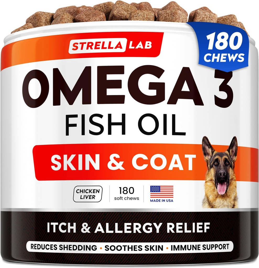 StrellaLab Fish Oil Omega 3 Köpekler için Tedaviler (180 Tedaviler) - Alerji & Itch Relief - Skin & Coat Supplement Supplement - Ortak Sağlık - Vahşi Alaskalı Salmon Oil - Shedding, Itchy Skin Relief - Omega 3 6 9 - EPA&DHA