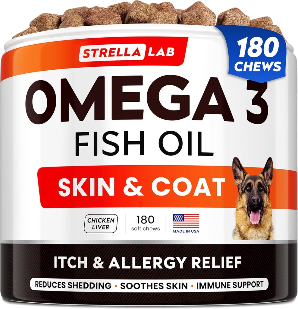 StrellaLab Fish Oil Omega 3 Köpekler için Tedaviler (180 Tedaviler) - Alerji & Itch Relief - Skin & Coat Supplement Supplement - Ortak Sağlık - Vahşi Alaskalı Salmon Oil - Shedding, Itchy Skin Relief - Omega 3 6 9 - EPA&DHA