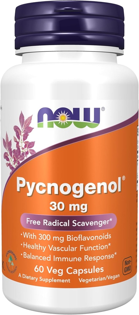 NOW Συμπληρώματα Τροφίμων, Pycnogenol 30 mg (ένας Μοναδικός Συνδυασμός Προανθοκυανιδινών από το Γαλλικό Ναυτικό Πεύκο) με 300 mg Bioflavonoids, 60 Veg Κάψουλες
