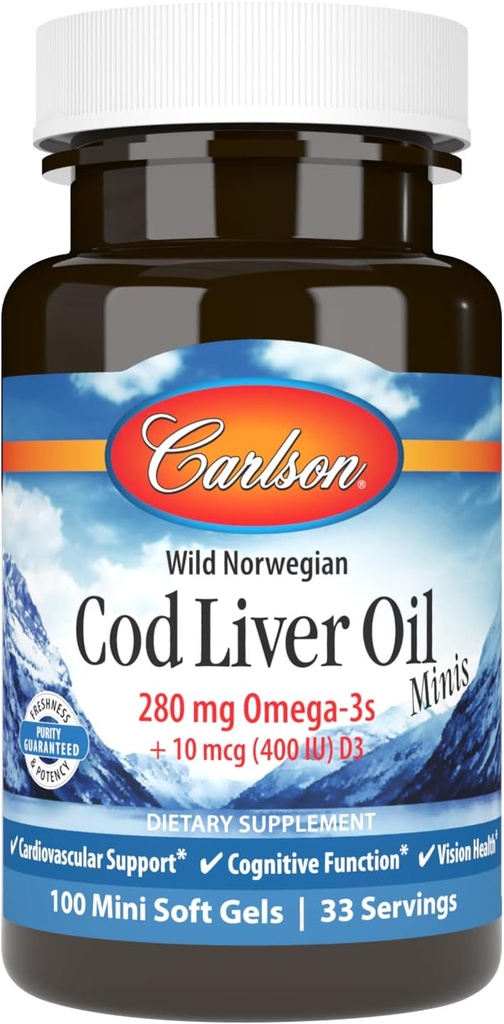 Carlson - Cod Liver Oil Minis, 280 mg Omega-3s + Vitaminler A ve D3, Norveç, Wild Caught, Sustainable Sourced, 100 Mini Softgels