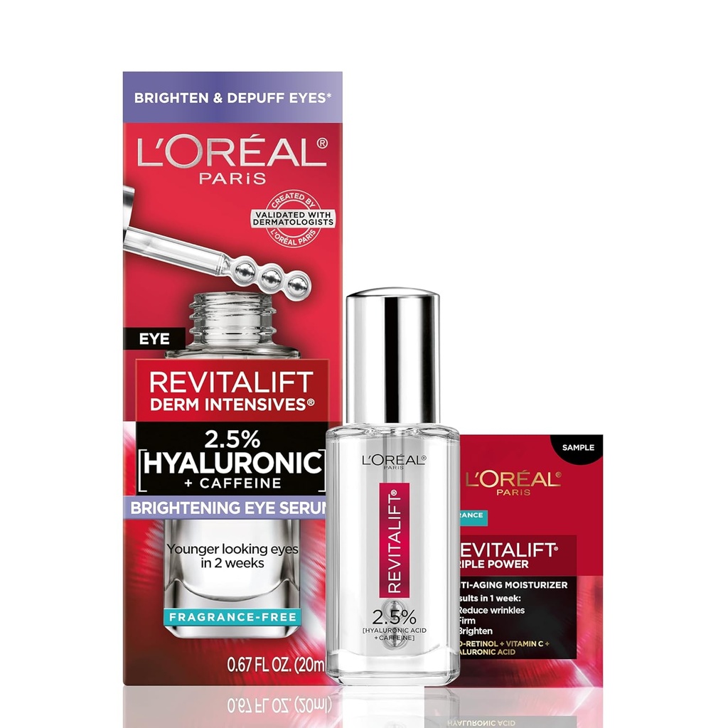 L'Oreal Paris Revitalift Hyaluronic Acid + Caffeine Hydrating Eye Serum for Dark Circles, Fragrance Free .67 fl. oz + Moisturizer Örnek Örnek Örnek