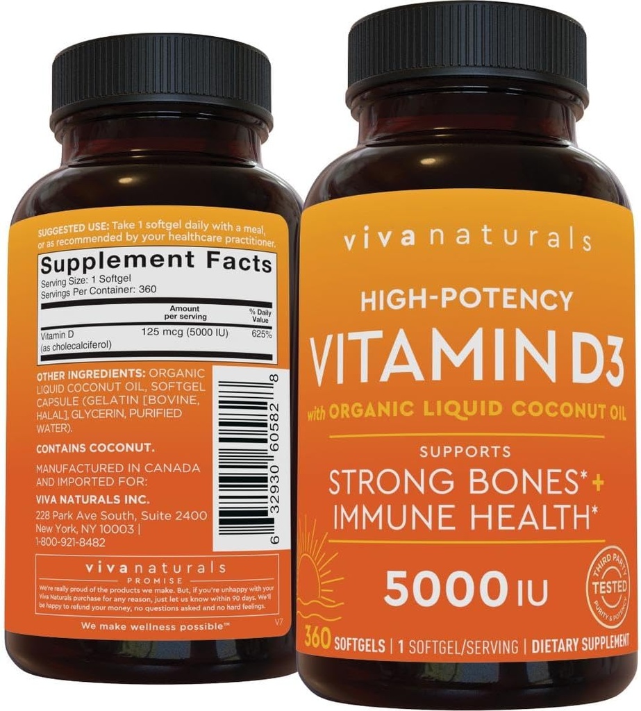 Viva Naturals Vitamin D3 5000 IU Softgels, 360 Kont (125 mcg), Supports Bone & Immune Health, High Potency Vitamin D D