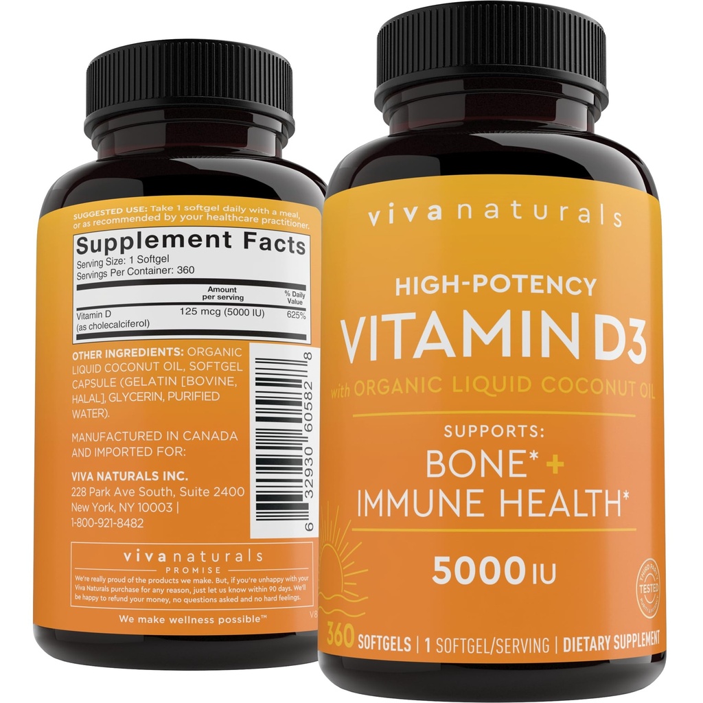 Viva Naturals Vitamin D3 5000 IU Softgels, 360 Kont (125 mcg), Supports Bone & Immune Health, High Potency Vitamin D D