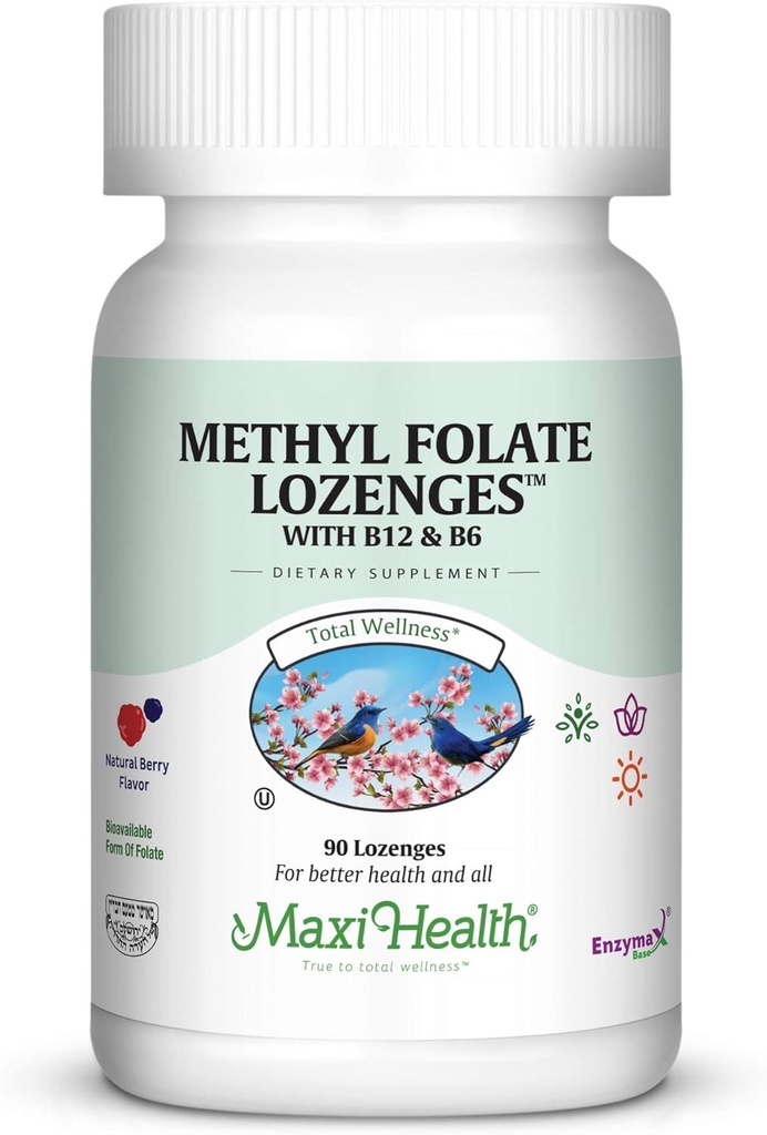 Maxi Health methyl folate Lozenges με B12 & B6, Flavored Memory, Καρδιαγγειακή Υγεία Ορμόνη & Ανοσοποιητική Υποστήριξη Χωρίς Γλουτένη, Kosher Berry, 90 Count