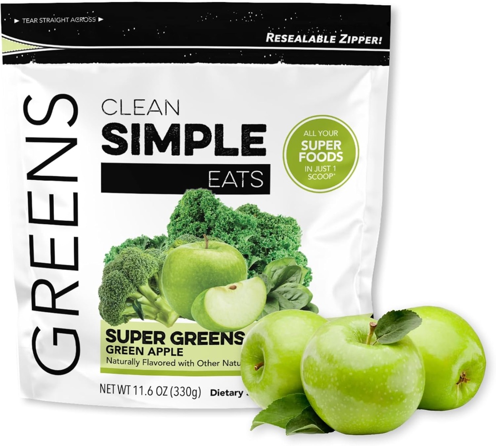 Temiz Basit Yemekler Super Greens Toz, Doğal olarak Chlorella, Spirulina, Superfoods & Prebiyotik Fiber, No Yapay Malzemeler, Gluten Free, Green Apple Flavor, 30 Hizmetler