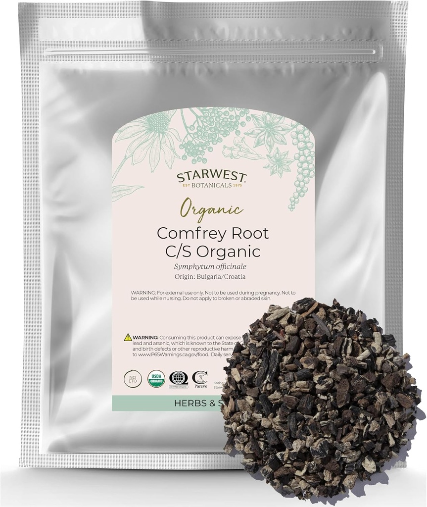 Starwest Botanicals Organic Dried Comfrey Root - Natural Herb for Topical Application, Salve or Oil, Cut & Sifted, Certified Kosher, Non-GMO - Bulk 1 lb Bag
