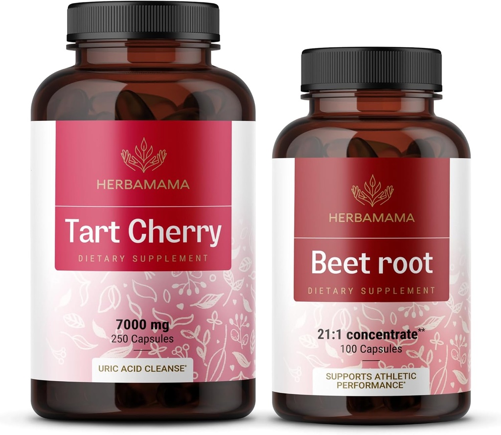 HERBAMAMA Tart Cherry ve Beet Root Kit - 7000 mg Tart Cherry & 21:1 Yoğun Arıt Capsules - Vegan, Non-GMO, Gelatin-Free - 2 Pack