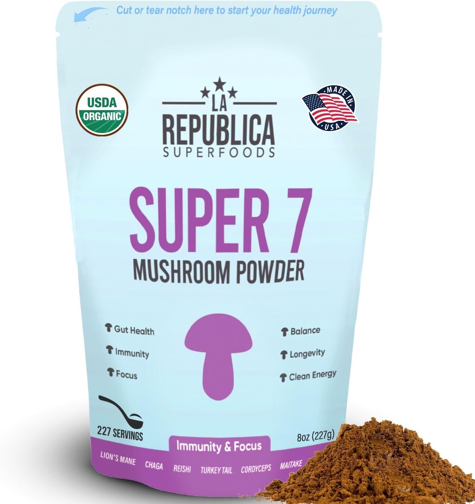 La Republica Superfood Super 7 Mushroom Extract Toz, Lion's Mane, Reishi, Chaga, Cordyceps, Shiitake, Maitake ve Türkiye Tail (8 oz) içerir.