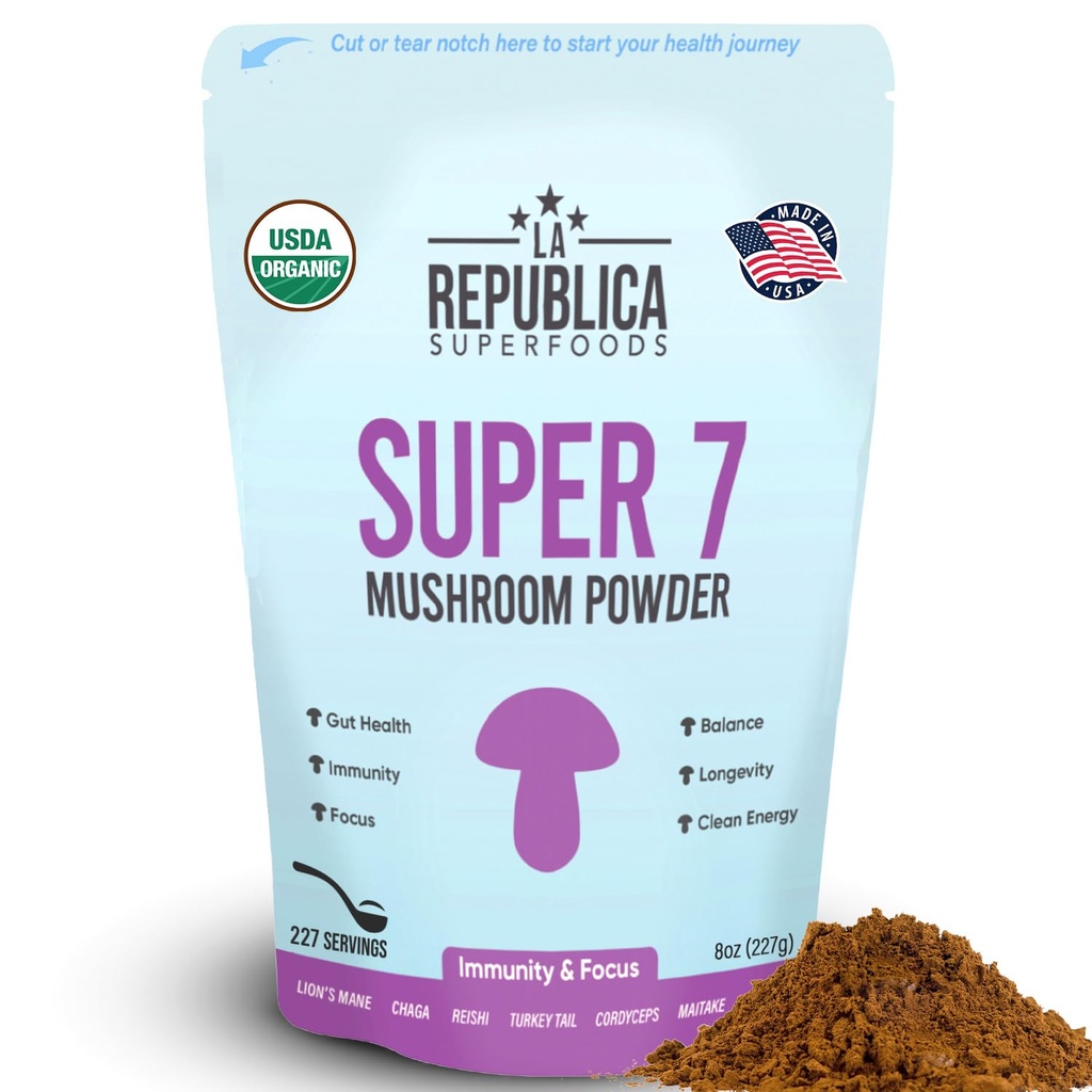 La Republica Superfood Super 7 Mushroom Extract Toz, Lion's Mane, Reishi, Chaga, Cordyceps, Shiitake, Maitake ve Türkiye Tail (8 oz) içerir.