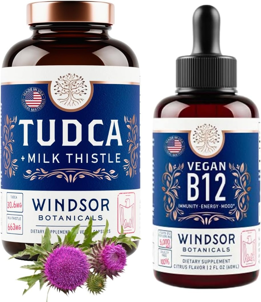 WINDSOR BOTANICALS Tudca με Silymarin Milk Thittle και Vegan Vitamin B12 Liquid - Bundle Υποστήριξης Υγείας