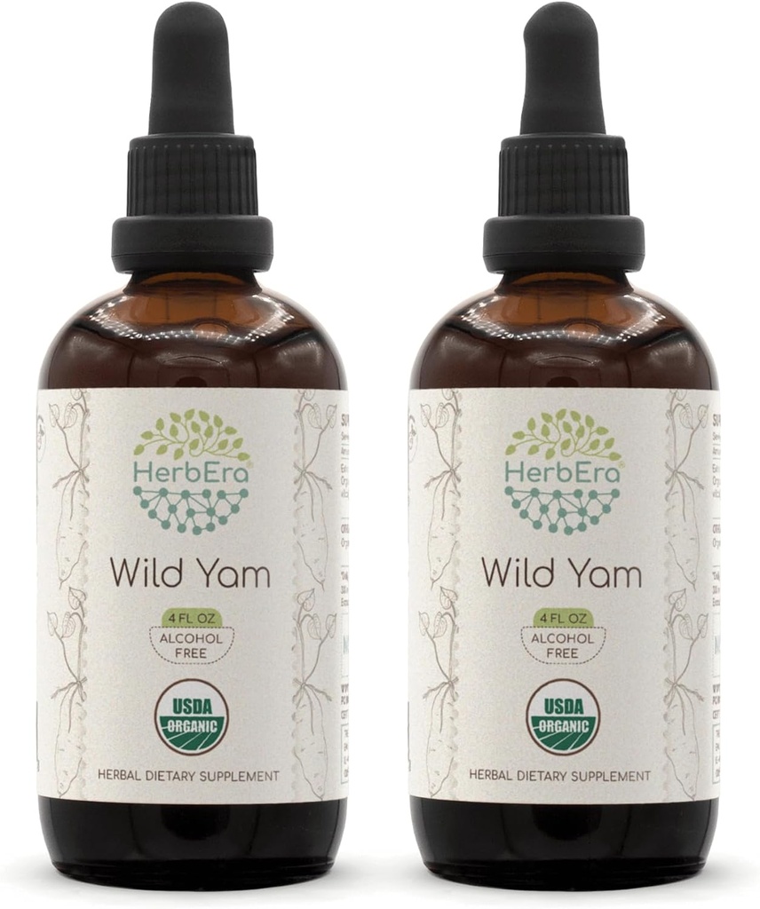 HerbEra Wild Yam B120 (2pcs) Χωρίς αλκοόλ USDA Βιολογικό Βότανο Εκχύλισμα Βάμμα, Συμπυκνωμένες Υγρές σταγόνες Φυσικό Άγριο Γιαμ (Dioscorea Villosa) Αποξηραμένη Ρίζα (2x4 fl oz)