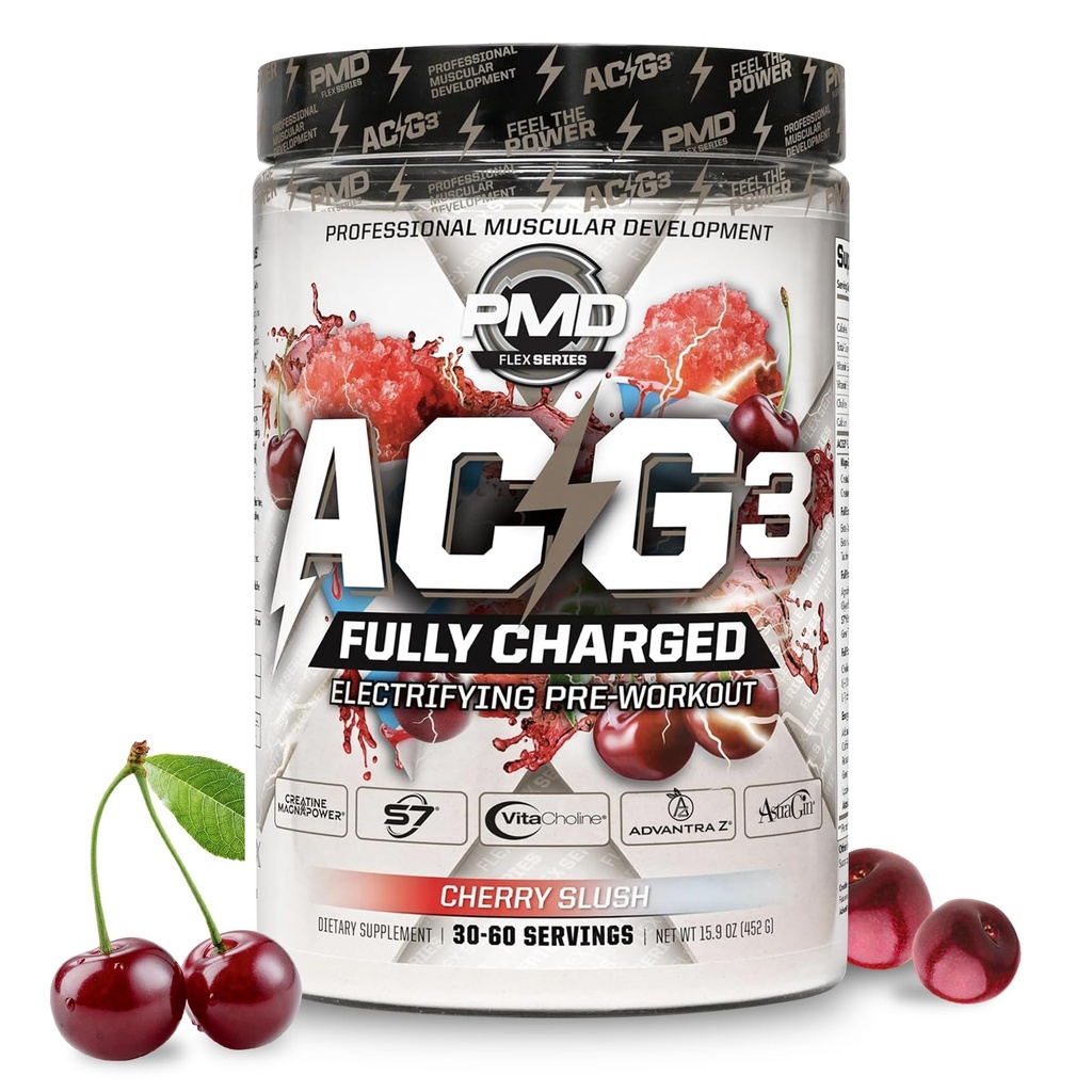 PMD Sports ACG3 Tam şarj edildi - Elektrikli Pre Workout Toz - High Energy & Pump Pre Workout for Men and Women to Maxising Focus, Endurance & Performance - Cherry Slush (30-60 hizmet)